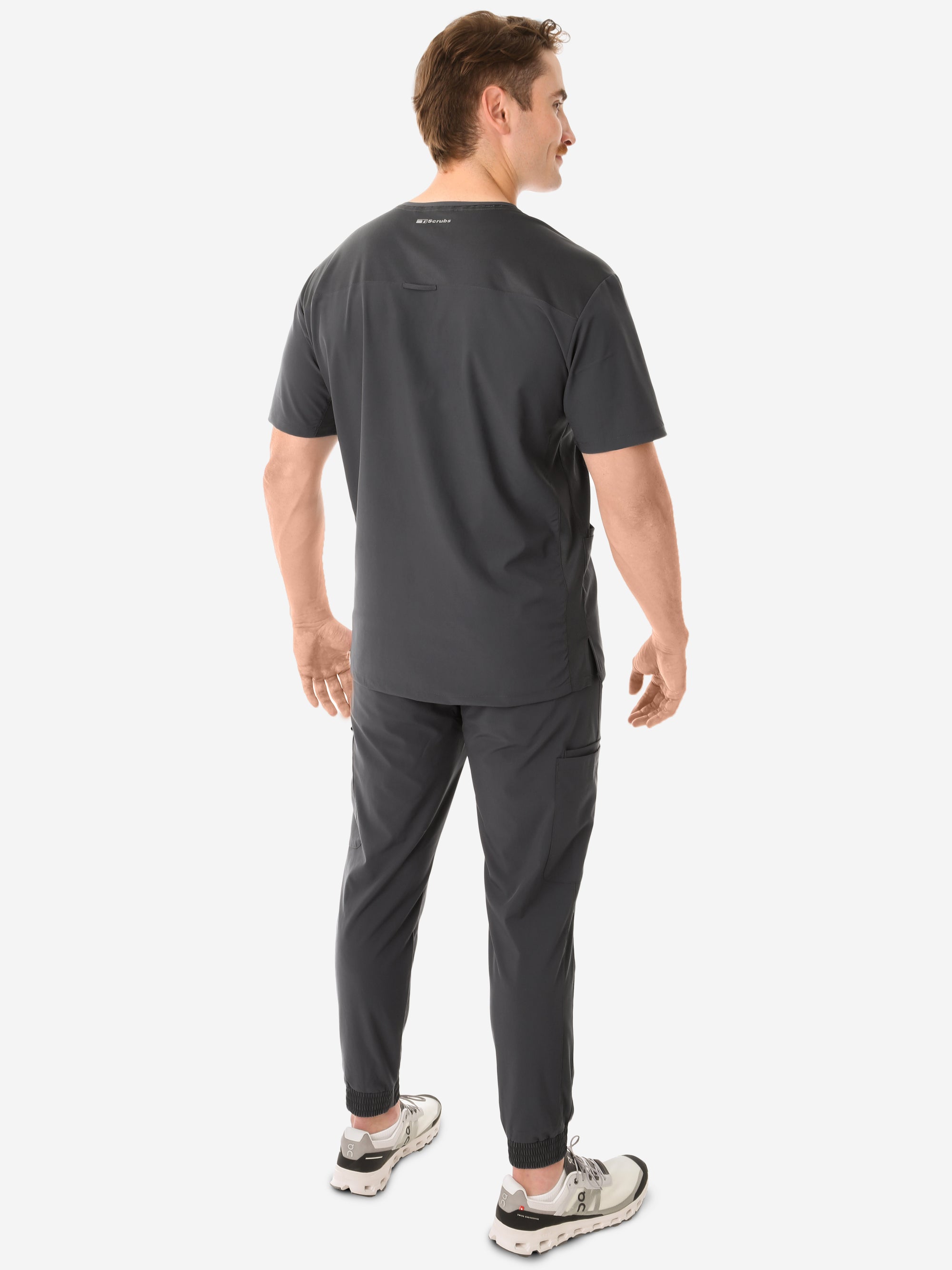 Men's Charocal Gray Five-Pocket Scrub Top Full Body Back View with Joggers