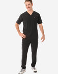 Men's Real Black Five-Pocket Scrub Full Body Front View with 9-Pocket Pants