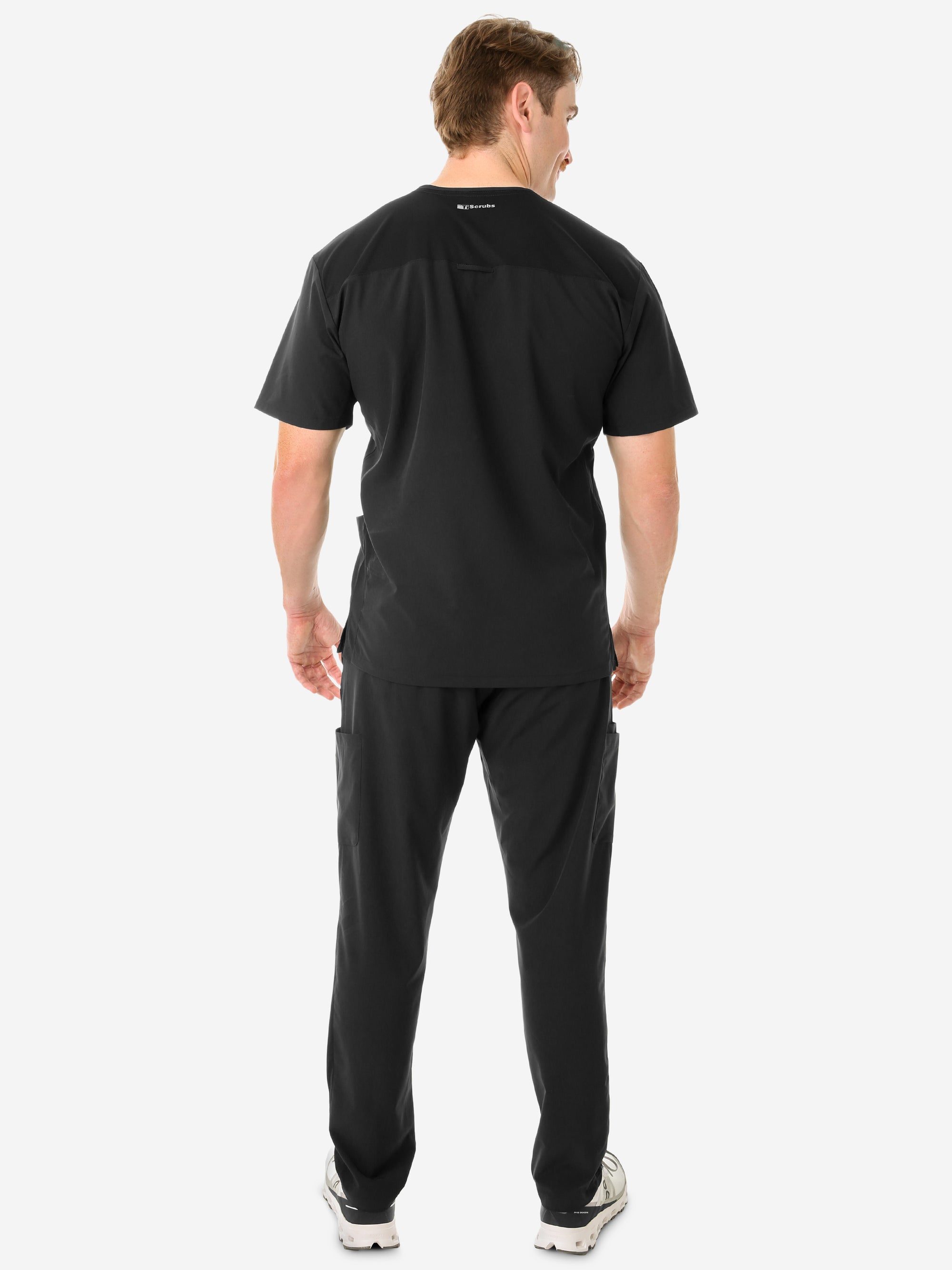 Men's Real Black Five-Pocket Scrub Full Body Back View with 9-Pocket Pants