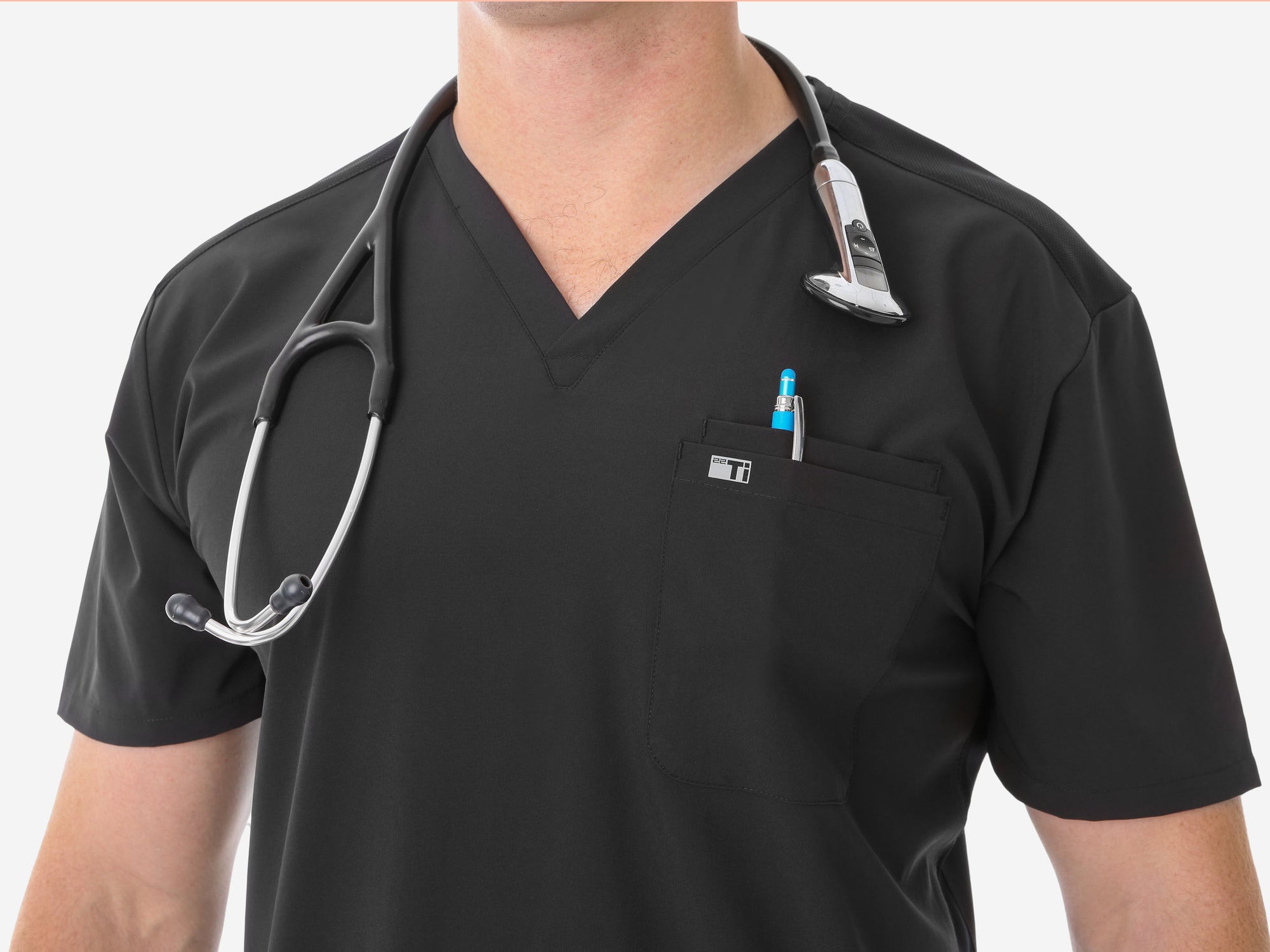 Men's Real Black Five-Pocket Scrub Closeup of V-neck and Chest Pockets