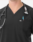 Men's Real Black Five-Pocket Scrub Closeup of V-neck and Chest Pockets