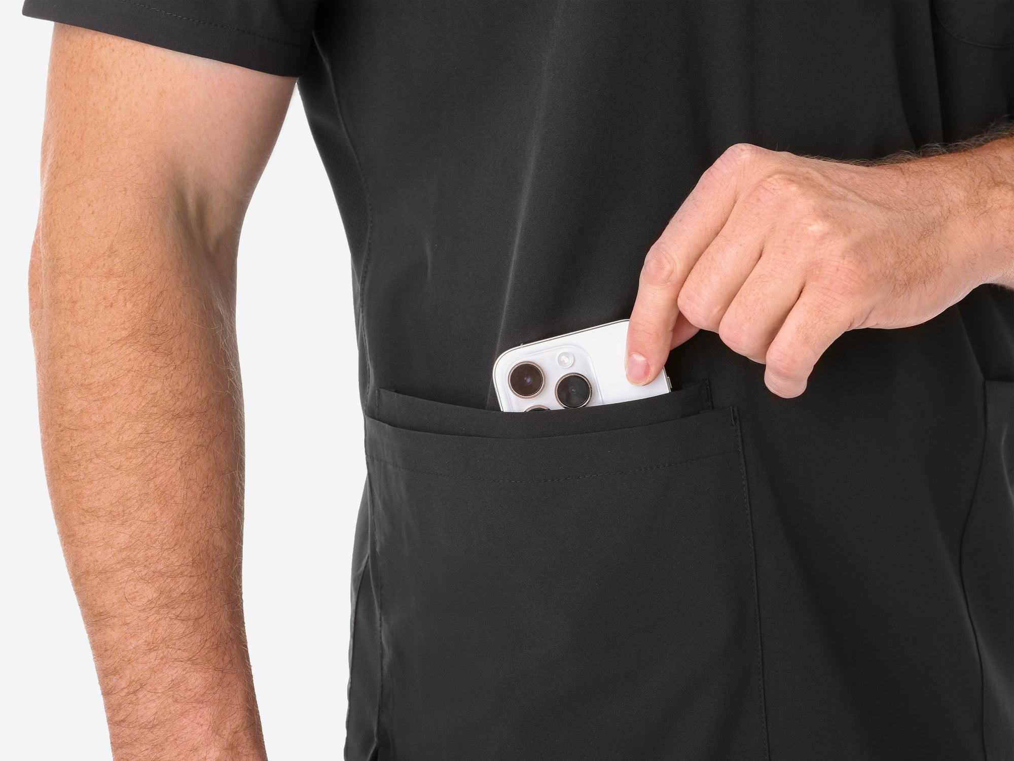 Men's Real Black Five-Pocket Scrub Closeup of Lower Pockets