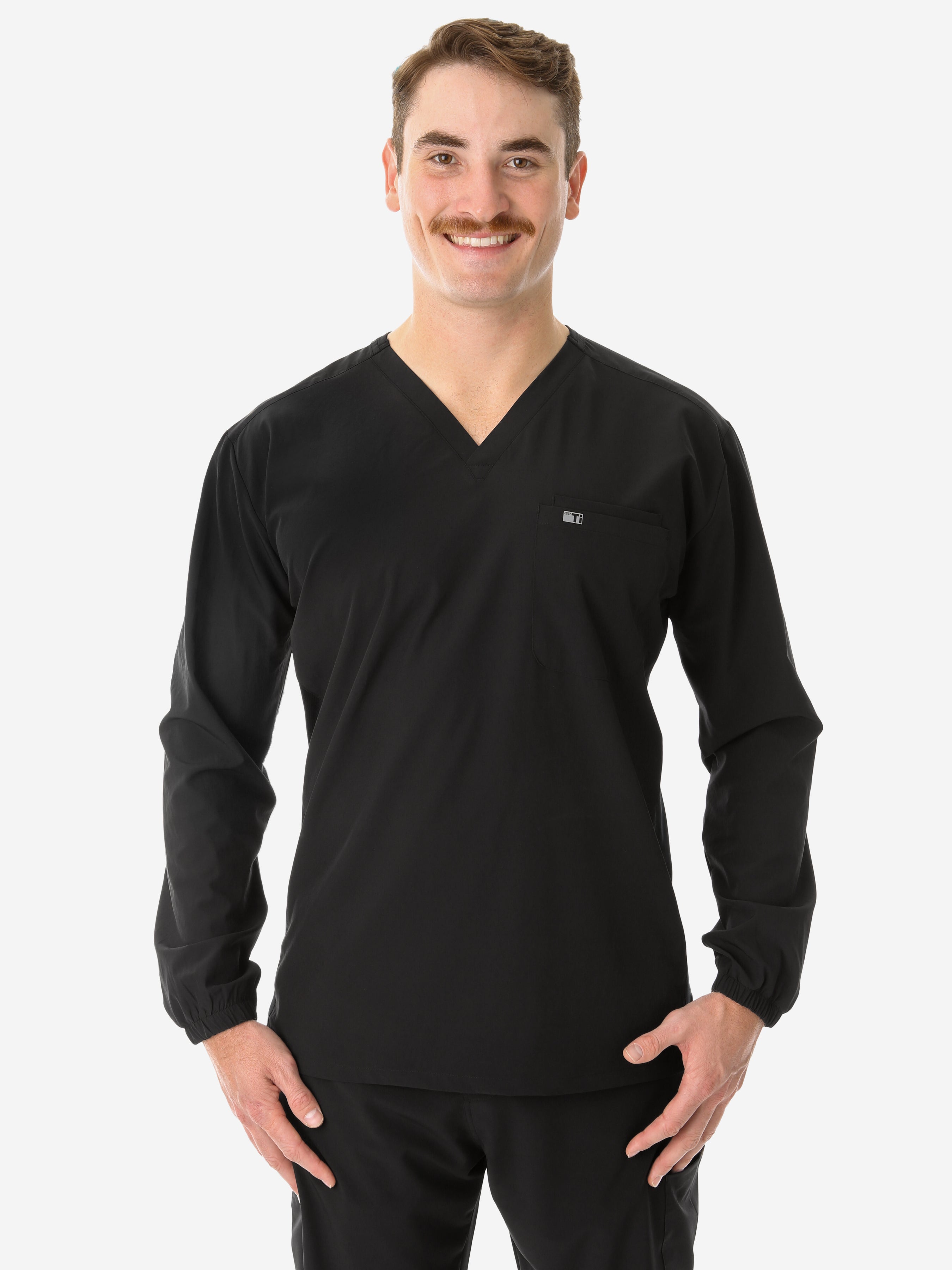 Men's Long-Sleeve Scrub Top Only Untucked Front View Real Black