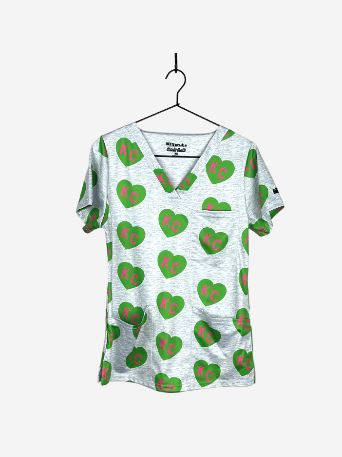 Women's Charlie Hustle All-Over KC Heart Scrub Top Three Pockets