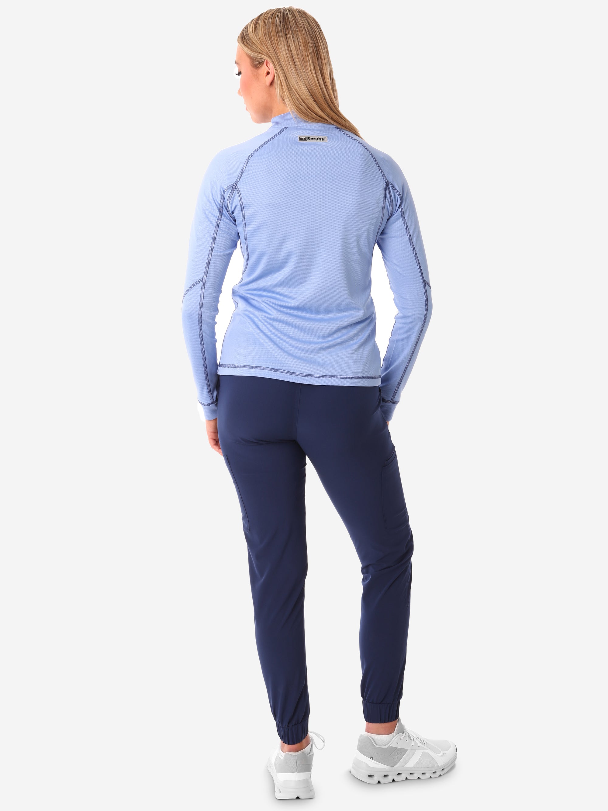 Women's Mesh Scrub Jacket Ceil Blue Front View Full Body Plus Navy  Stretch Perfect Jogger Scrub Pants