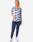 Women's Charlie Hustle Scrub Top All-Over KC Heart Design 3 Pockets with Navy Jogger Scrub Pants_Full Body_Front