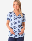 Women's Charlie Hustle Scrub Top All-Over KC Heart Design Three Pockets_Top Only_Front