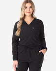 Women's Real Black Long-Sleeve Scrub Top Tucked Front View Top Only