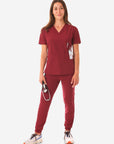 Women's Four-Pocket Scrub Top Bold Burgundy with Perfect Scrub Joggers Front View