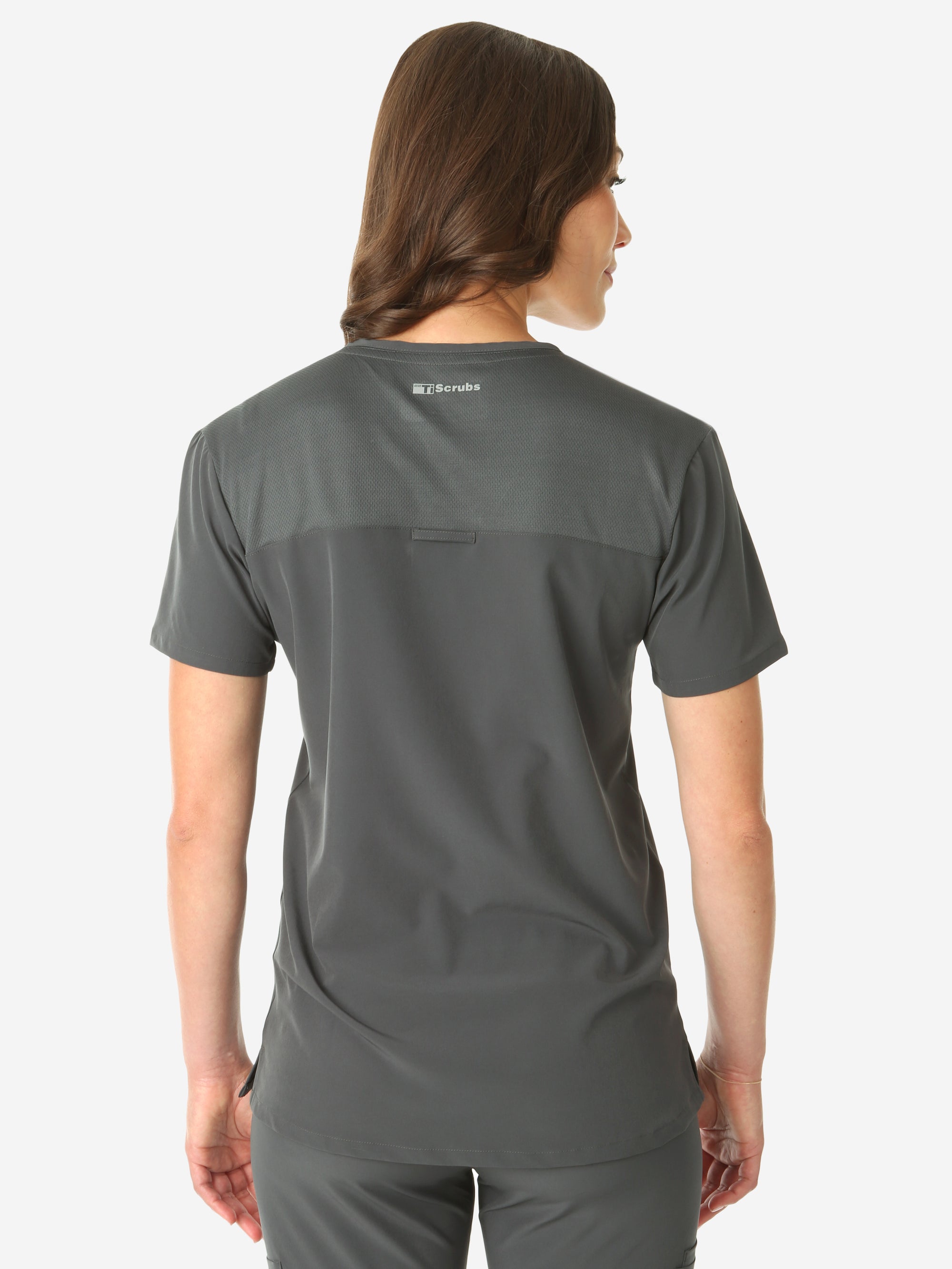 TiScrubs Women's Stretch One-Pocket Scrub Top Charcoal Gray Untucked Back Top Only