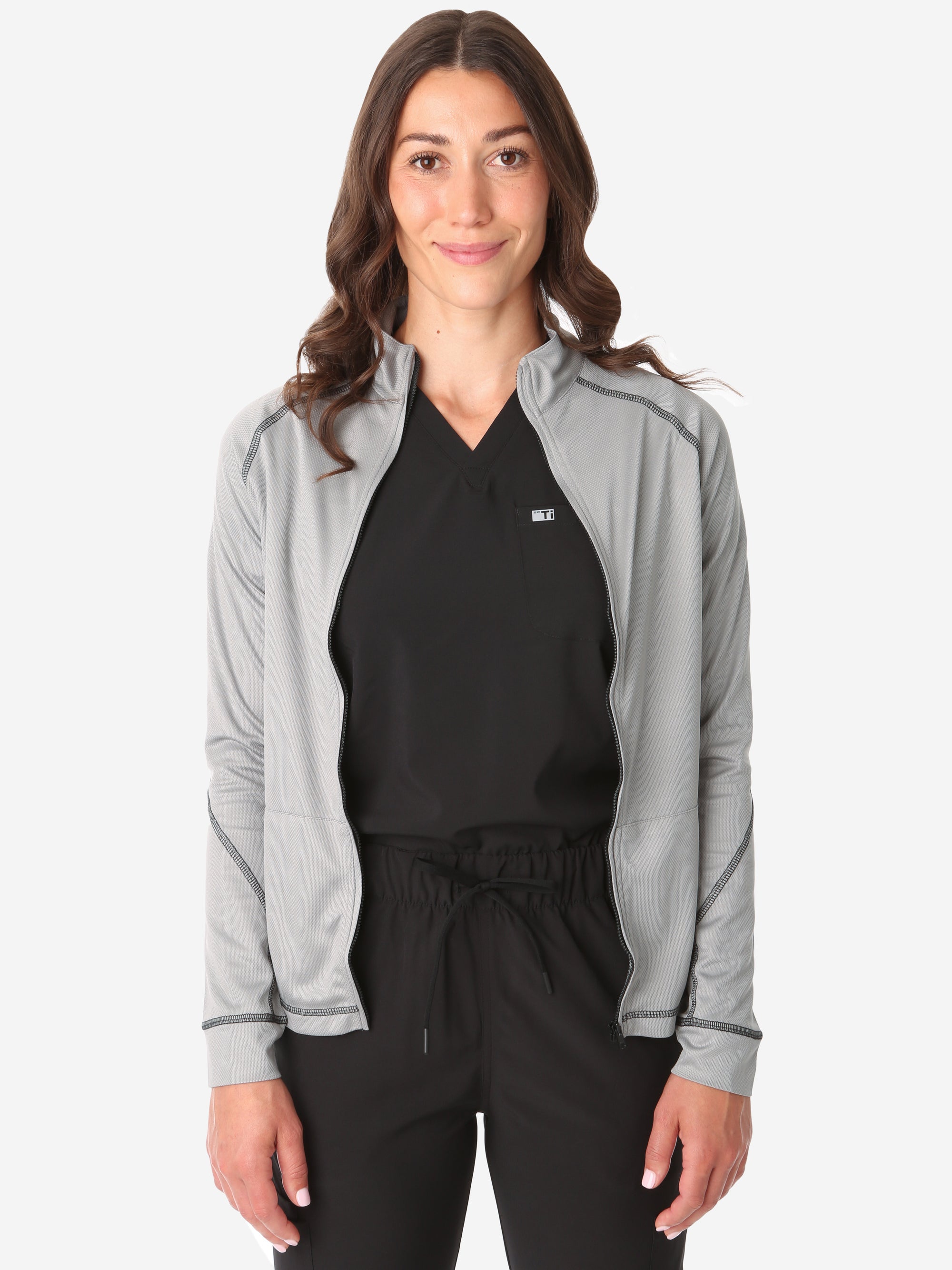 Women's Mesh Scrub Jacket Titanium Gray Front View Jacket Only