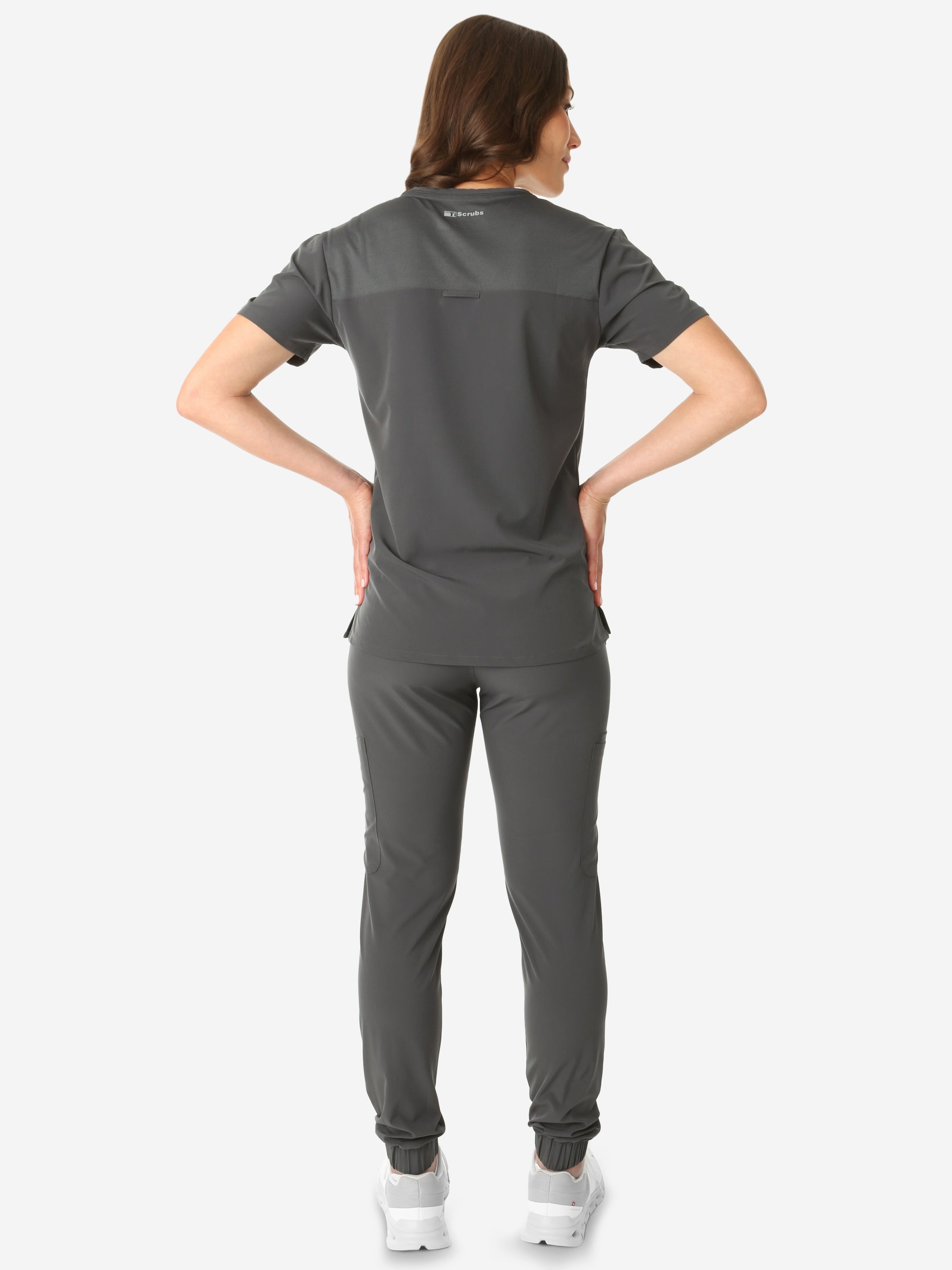 TiScrubs Women's Stretch One-Pocket Scrub Top with Joggers Charcoal Gray Untucked Back Full Body