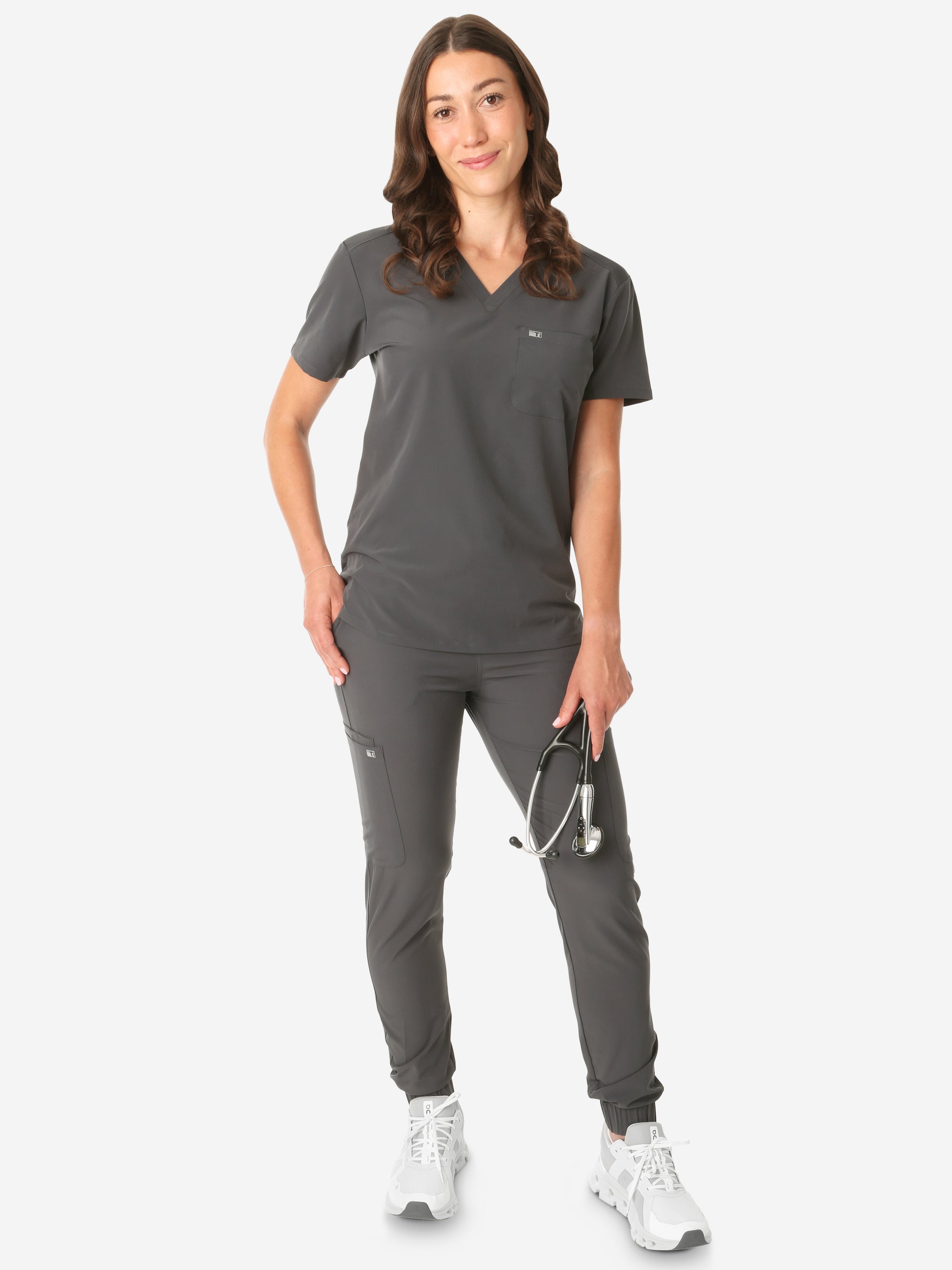 TiScrubs Women's Stretch One-Pocket Scrub Top with Joggers Charcoal Gray Untucked Front Full Body