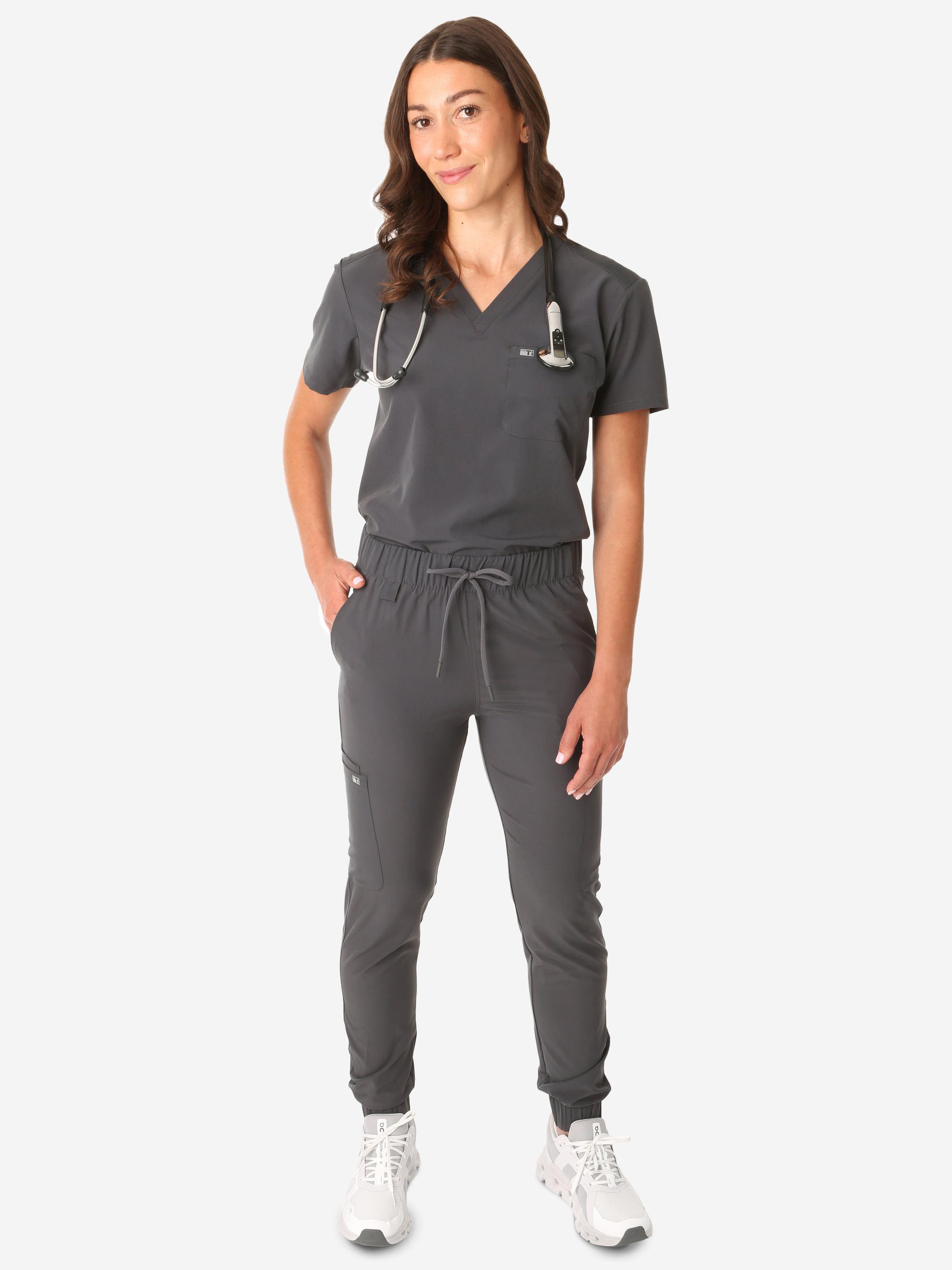 TiScrubs Women's Stretch One-Pocket Scrub Top with Joggers Charcoal Gray Tucked Front Full Body