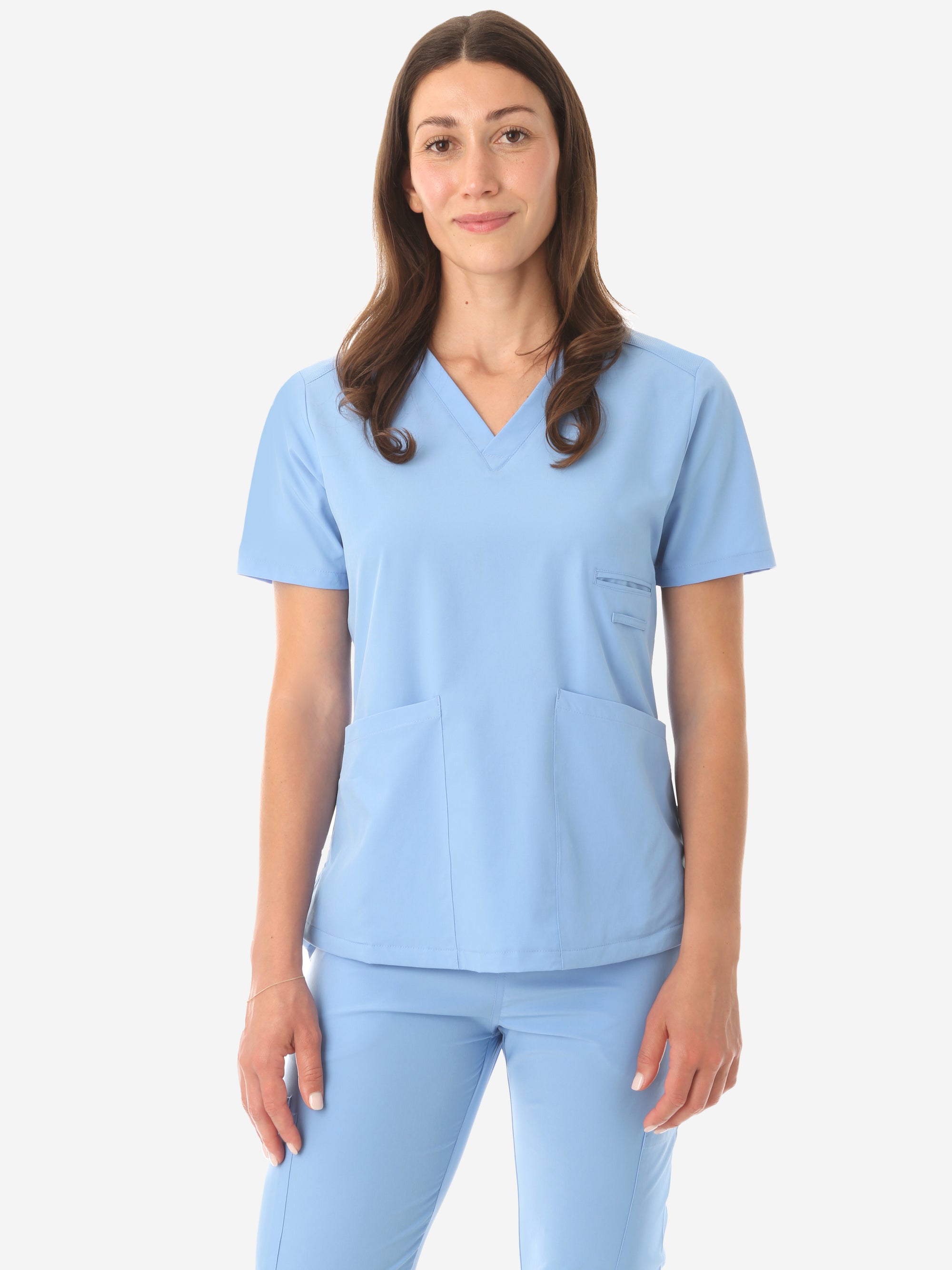 Women's Four-Pocket Scrub Top Ceil Blue Front View