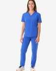 Women's Four-Pocket Scrub Top Royal Blue with 9-Pocket Scrub Pants Front View