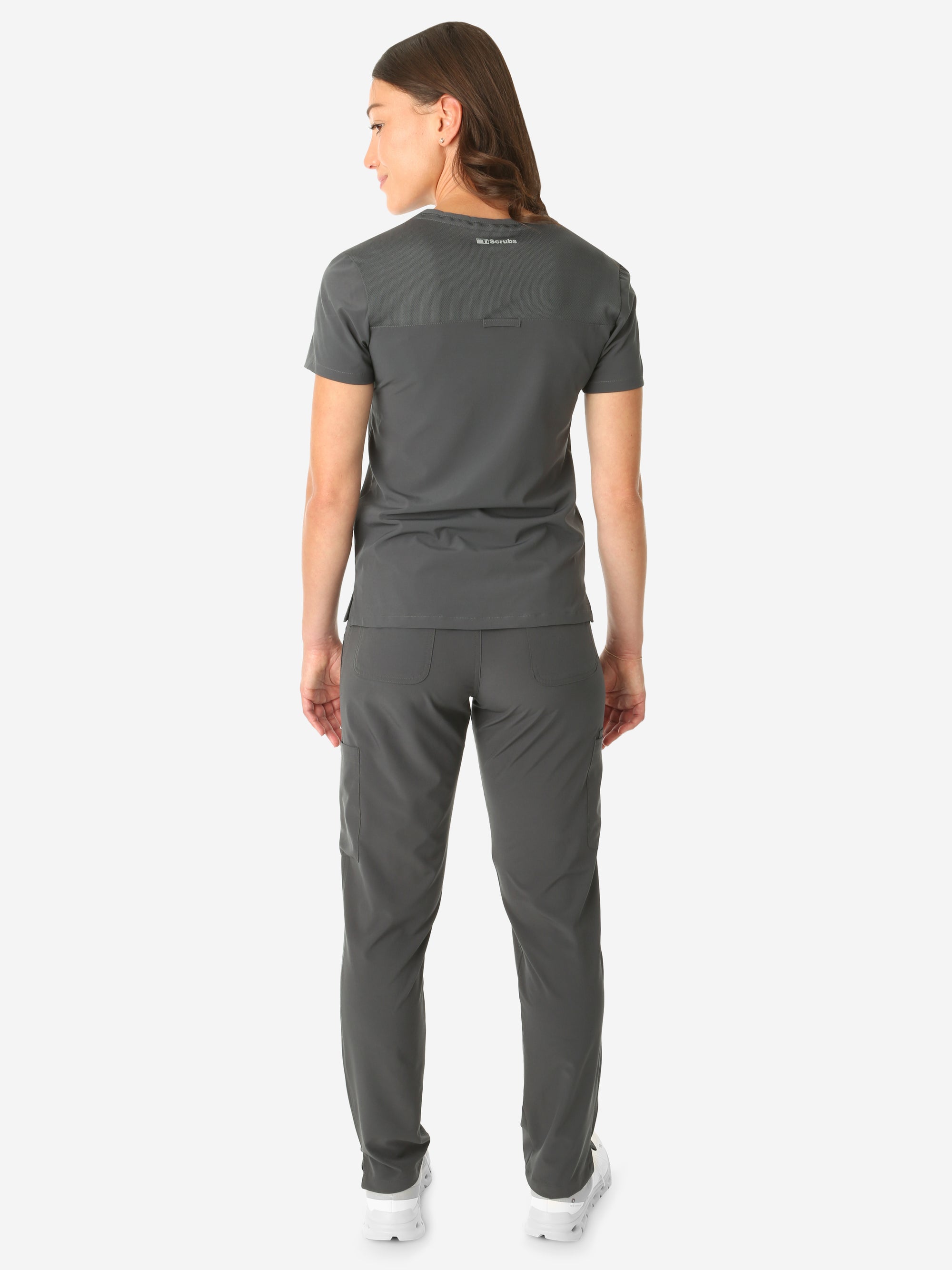 TiScrubs Charcoal Gray Women's Stretch 9-Pocket Pants and One-Pocket Tuckable Top Back View Full Body