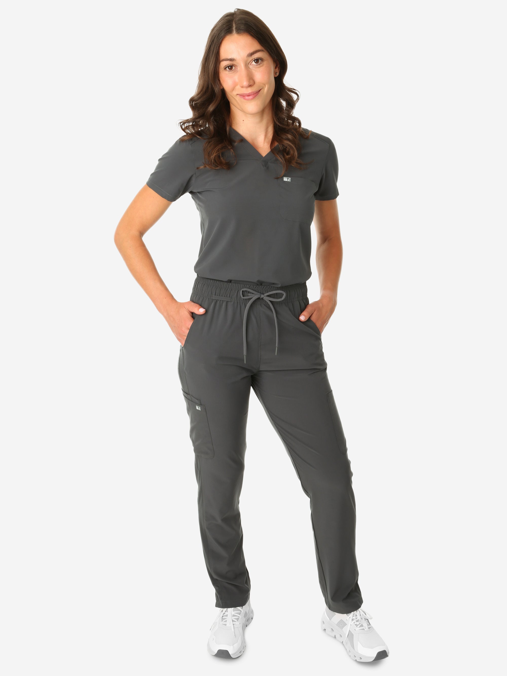 TiScrubs Charcoal Gray Women's Stretch 9-Pocket Pants and One-Pocket Tuckable Top Front View Full Body
