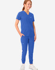 TiScrubs Women's Stretch Royal Blue One-Pocket Scrub Top Untucked with Joggers Front View Full Body