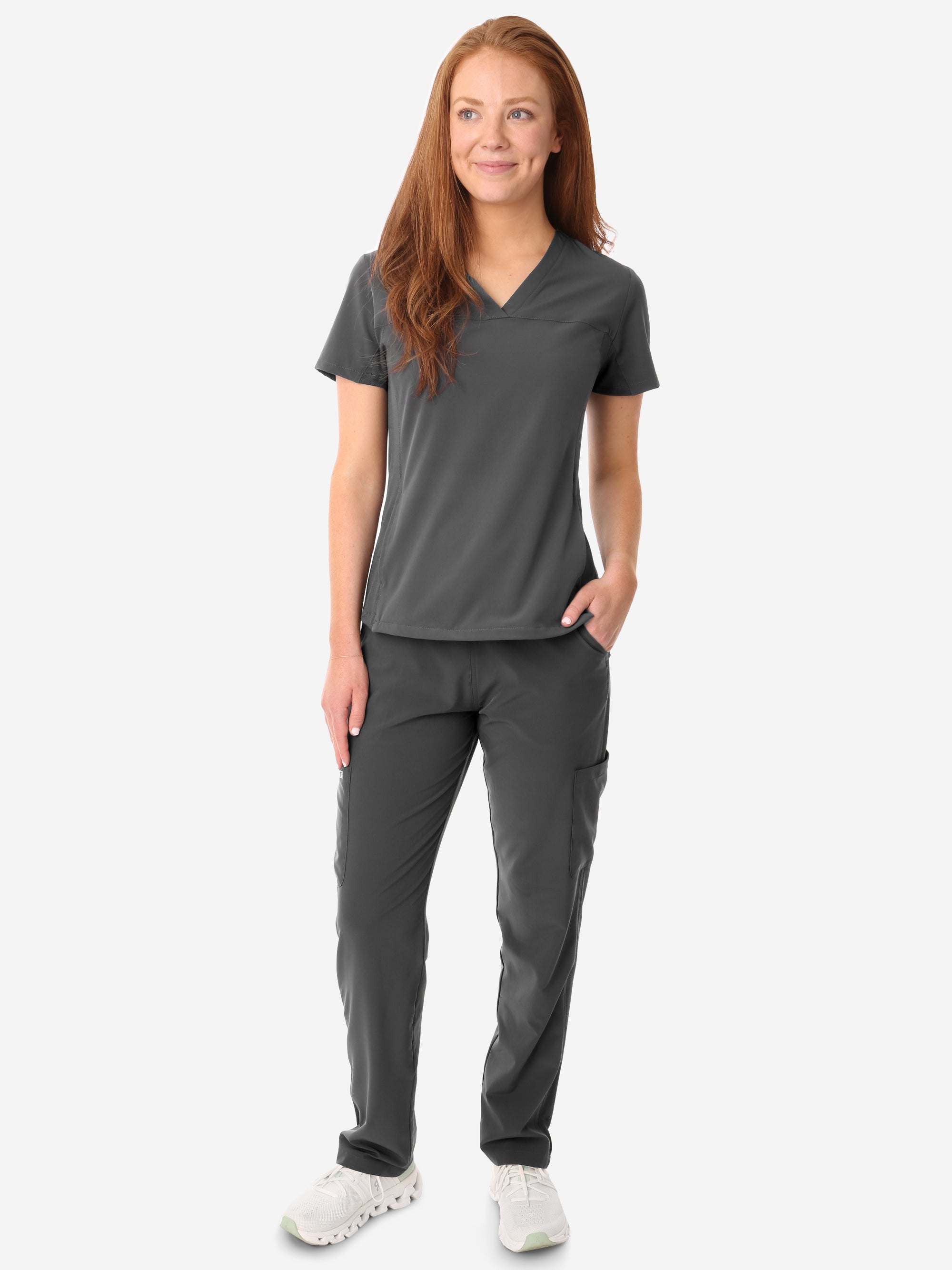 Women's Stash-Pocket Scrub Top Charcoal Gray with 9-Pocket Scrub Pants Front View