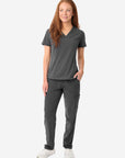 Women's Stash-Pocket Scrub Top Charcoal Gray with 9-Pocket Scrub Pants Front View