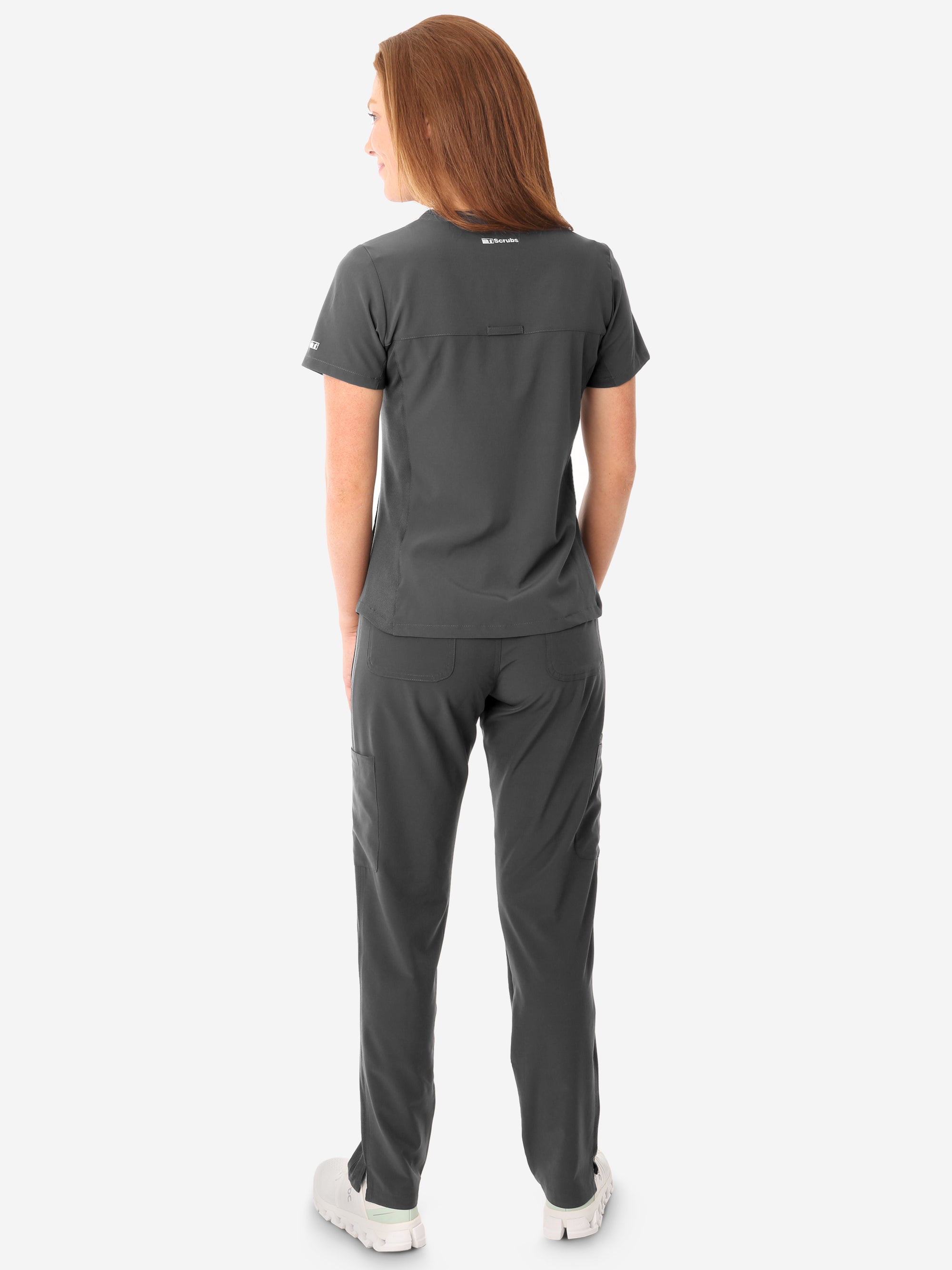 Women's Stash-Pocket Scrub Top Charcoal Gray with 9-Pocket Scrub Pants Back View