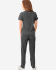 Women's Stash-Pocket Scrub Top Charcoal Gray with 9-Pocket Scrub Pants Back View