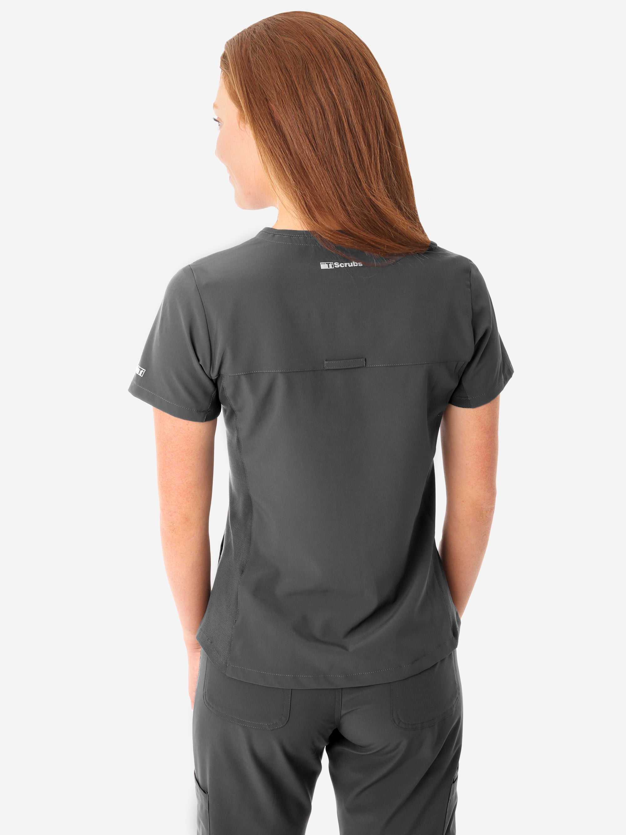 Women's Stash-Pocket Scrub Top Charcoal Gray Back View