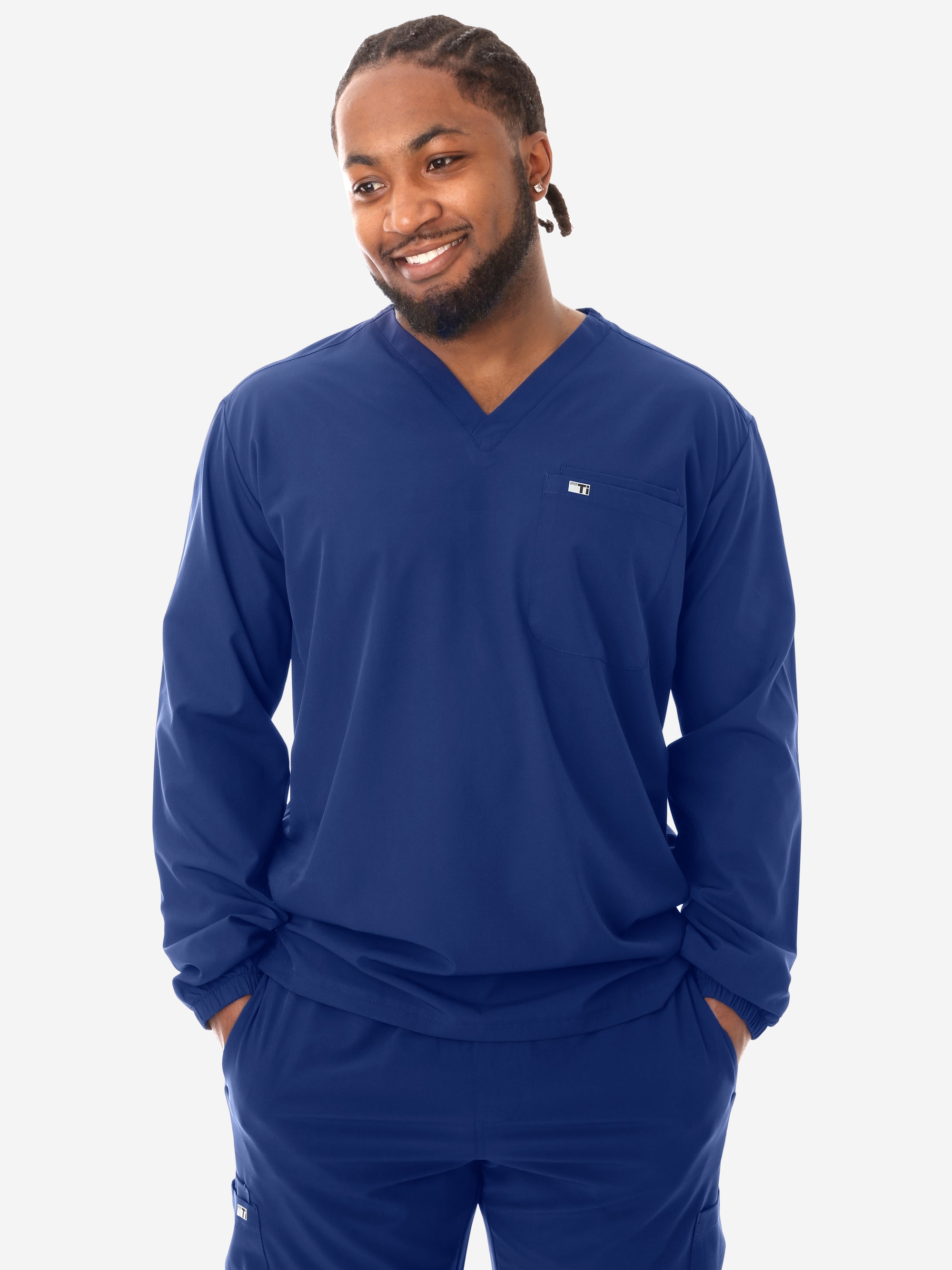 Men's Navy Blue Long-Sleeve Scrub Top Front View Top Only