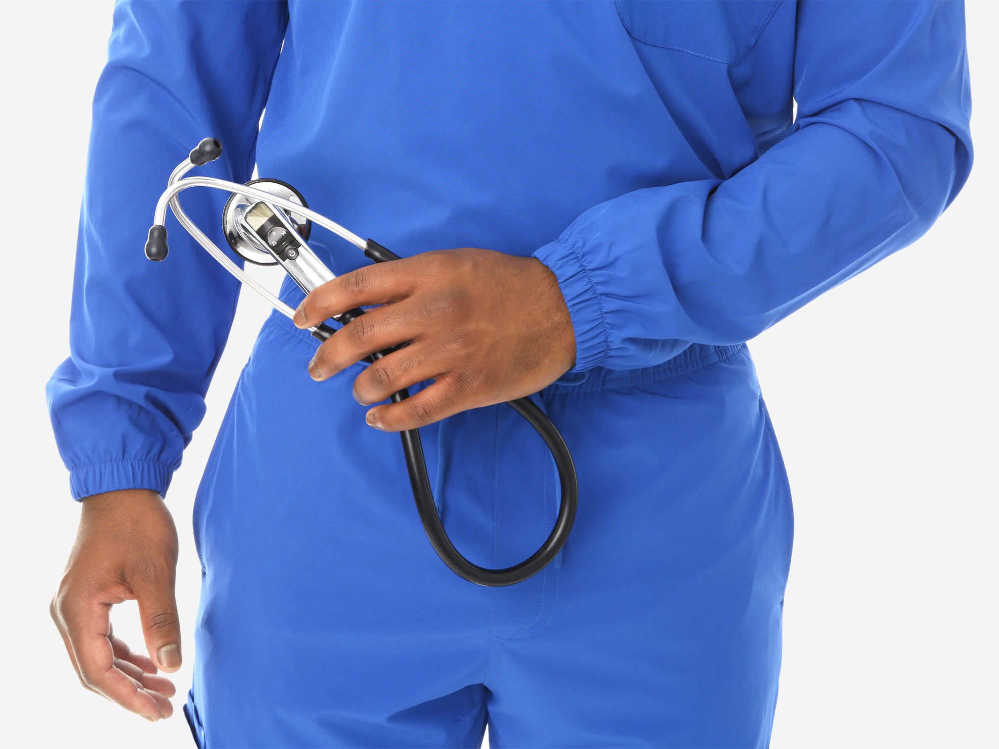 Men's Long Sleeve Scrub Top with Two Chest Pockets Royal Blue Closeup of Elastic Arm Wrist Cuff