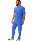 Men's Five-Pocket Scrub Top Royal Blue with 9-Pocket Pants Side View