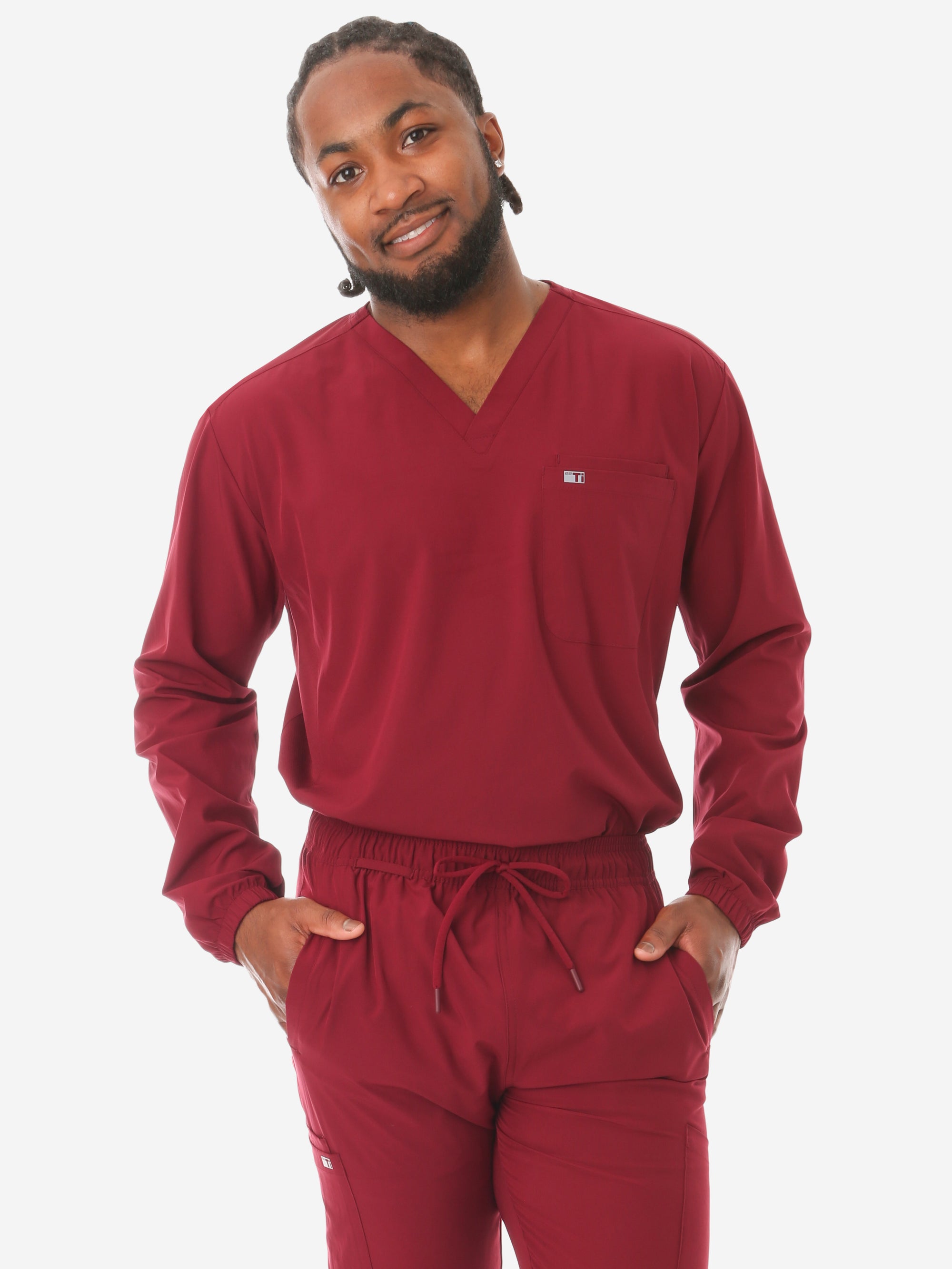 Men's Bold Burgundy Long-Sleeve Scrub Top Front View Top Only