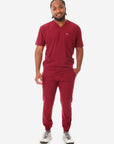 Men's Five-Pocket Scrub Top Bold Burgundy with Joggers Front View