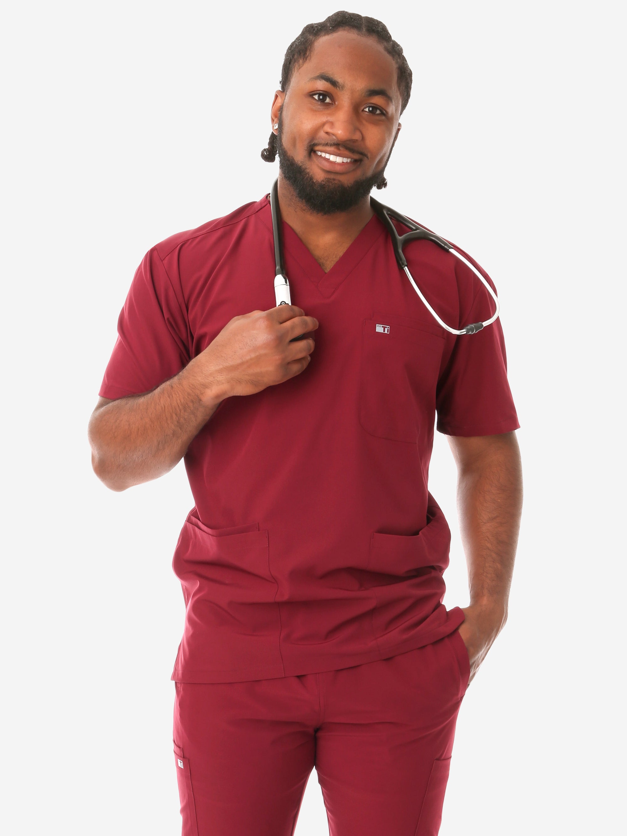 Men's Five-Pocket Scrub Top Bold Burgundy Front View