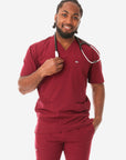 Men's Five-Pocket Scrub Top Bold Burgundy Front View
