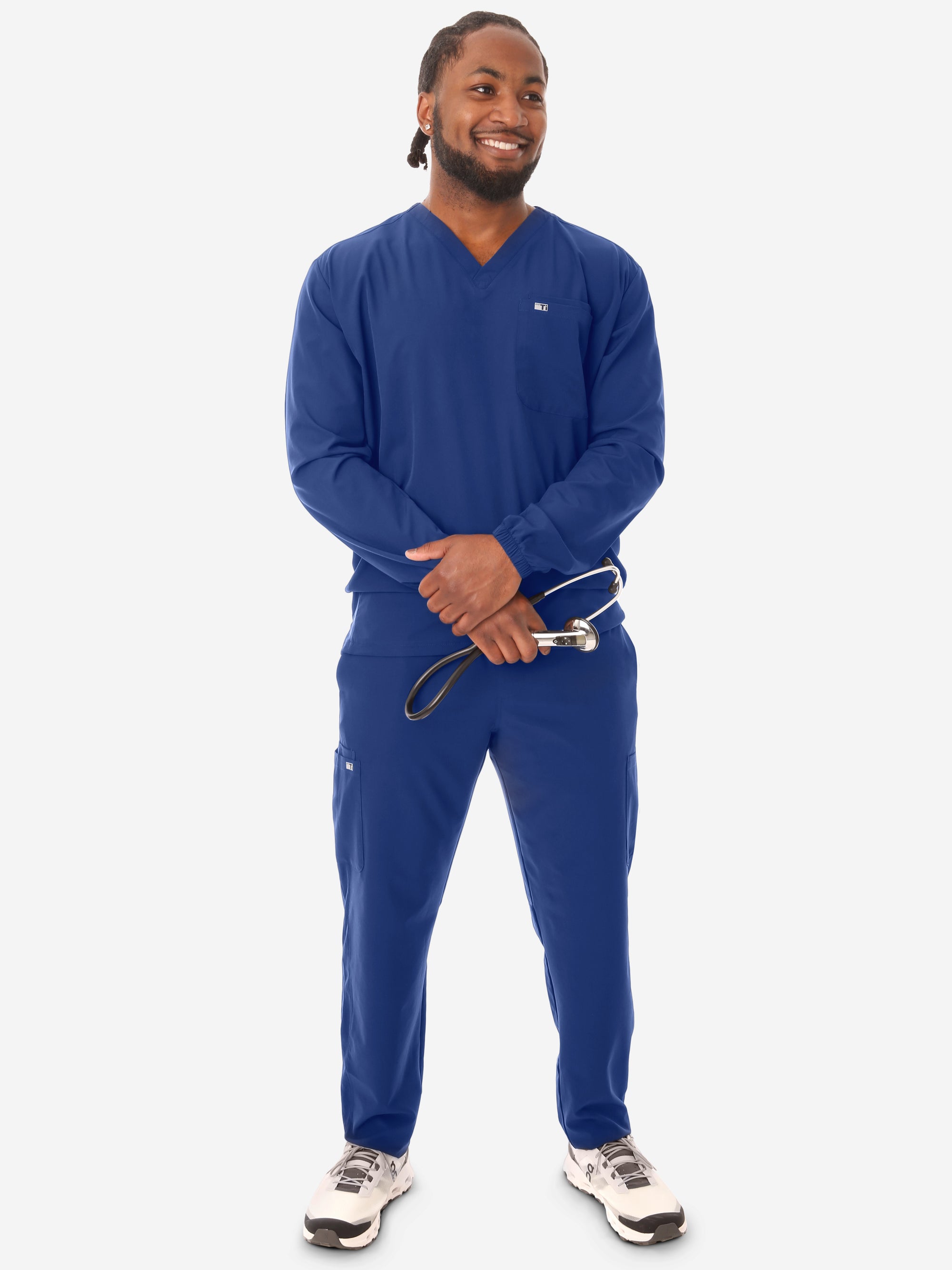 Men's Long Sleeve Scrub Top with Two Chest Pockets Navy Blue Full Body Front View