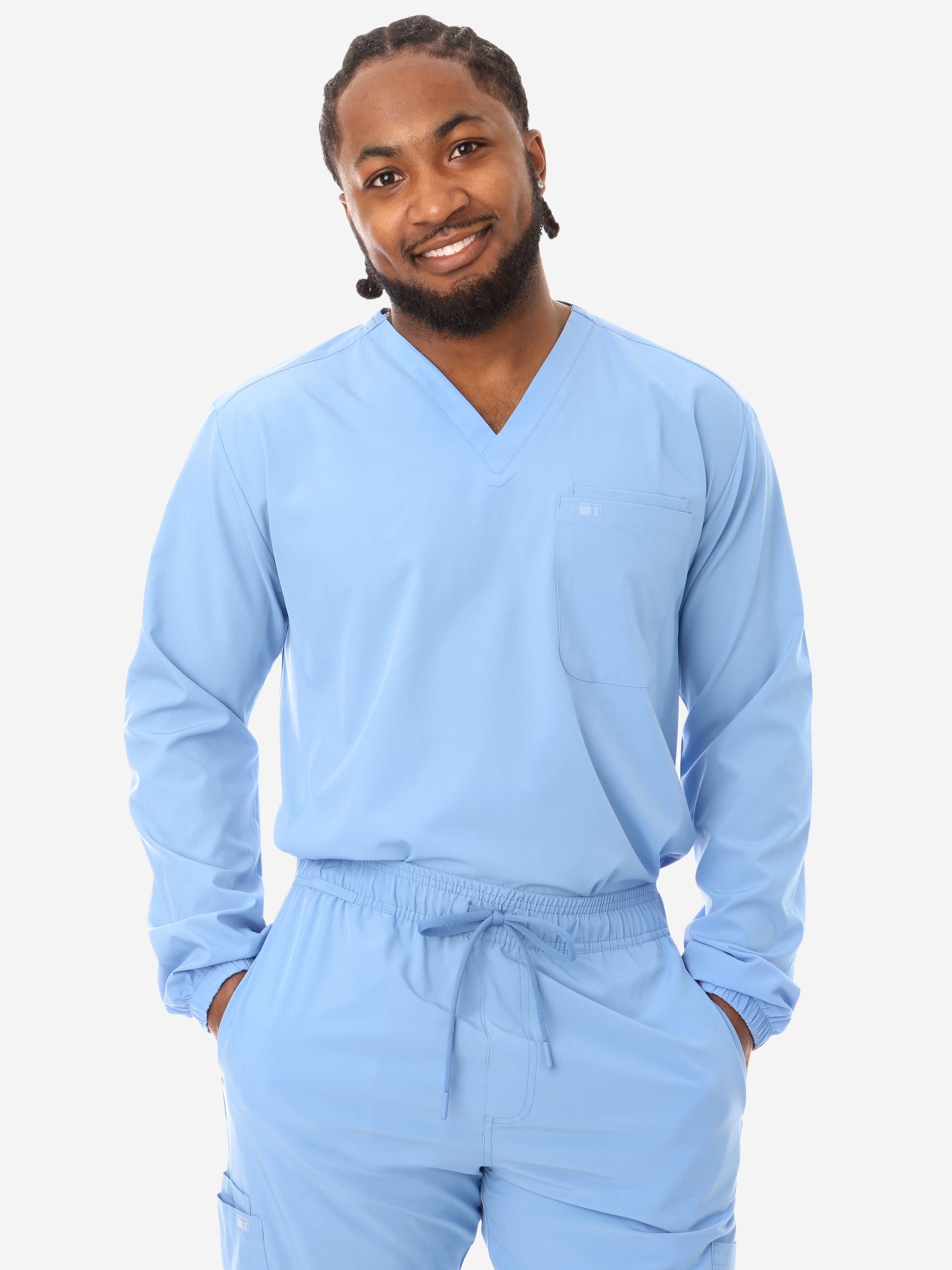 Men's Long Sleeve Scrub Top with Two Chest Pockets Ceil Blue Top Only Front View