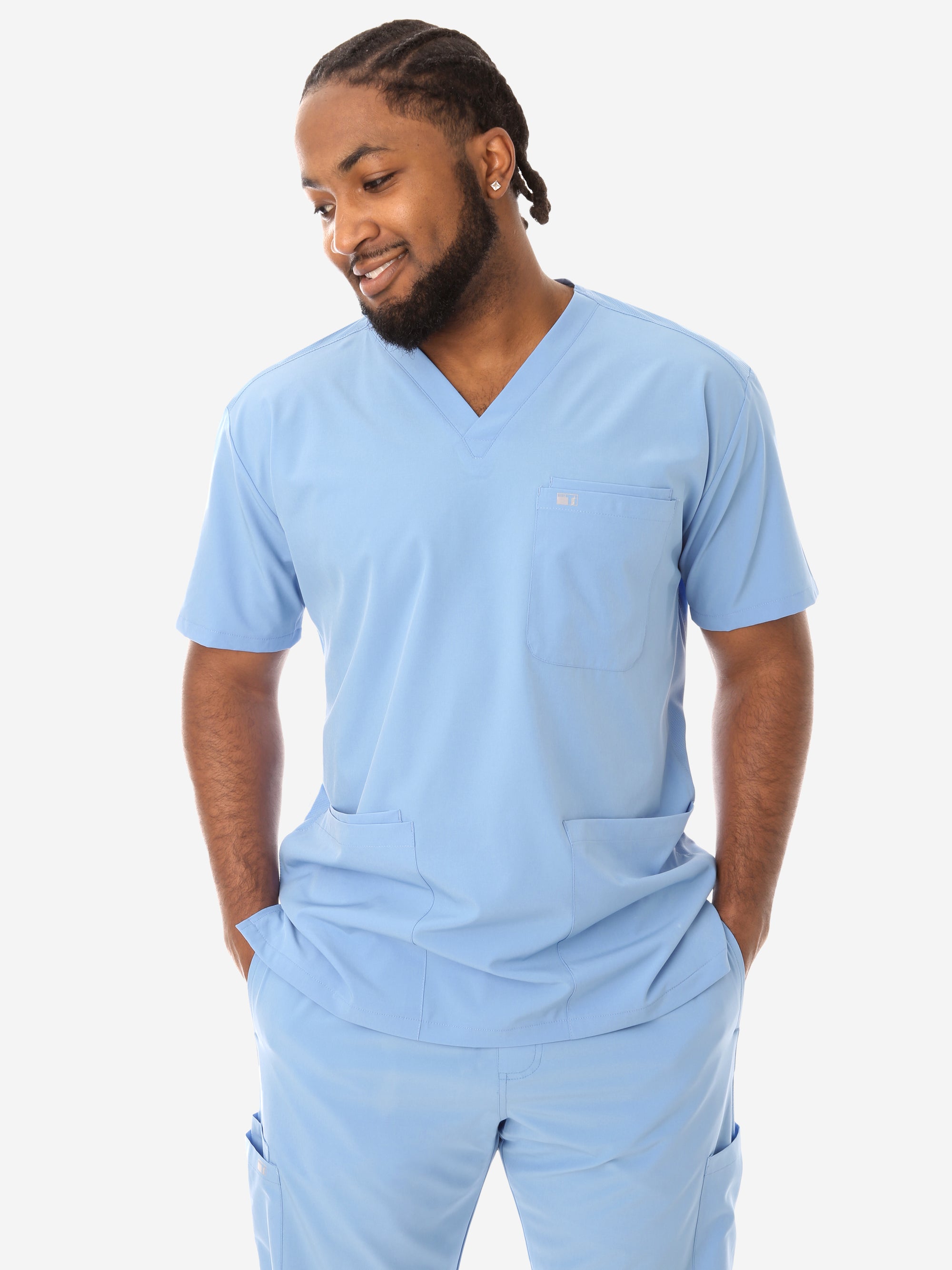 Men's Five-Pocket Scrub Top Ceil Blue Front View