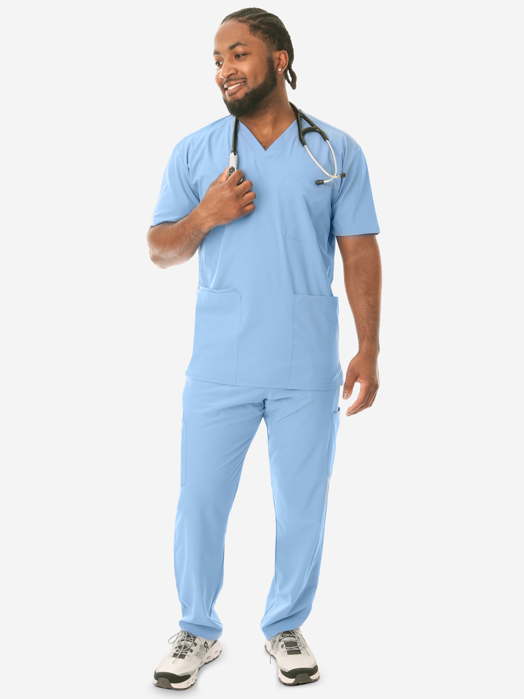 Men's Five-Pocket Scrub Top Ceil Blue with 9-Pocket Pants Front View
