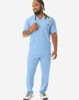 Men's Five-Pocket Scrub Top Ceil Blue with 9-Pocket Pants Front View