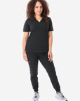 Women's Four-Pocket Scrub Top Real Black Top Full Body Front View with Joggers