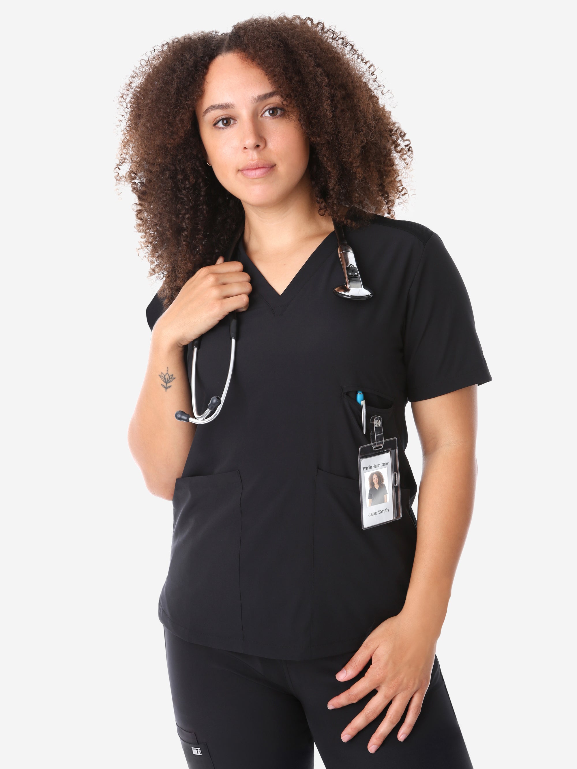 Women's Four-Pocket Scrub Top Real Black Top Only Front View with Accessories