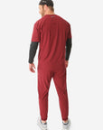 TiScrubs Stretch Men's Bold Burgundy Stretch Jogger Scrub Pants and Double-Pocket Top Untucked Long Sleeve Black Underscrub and Scrub Cap Full Body Back