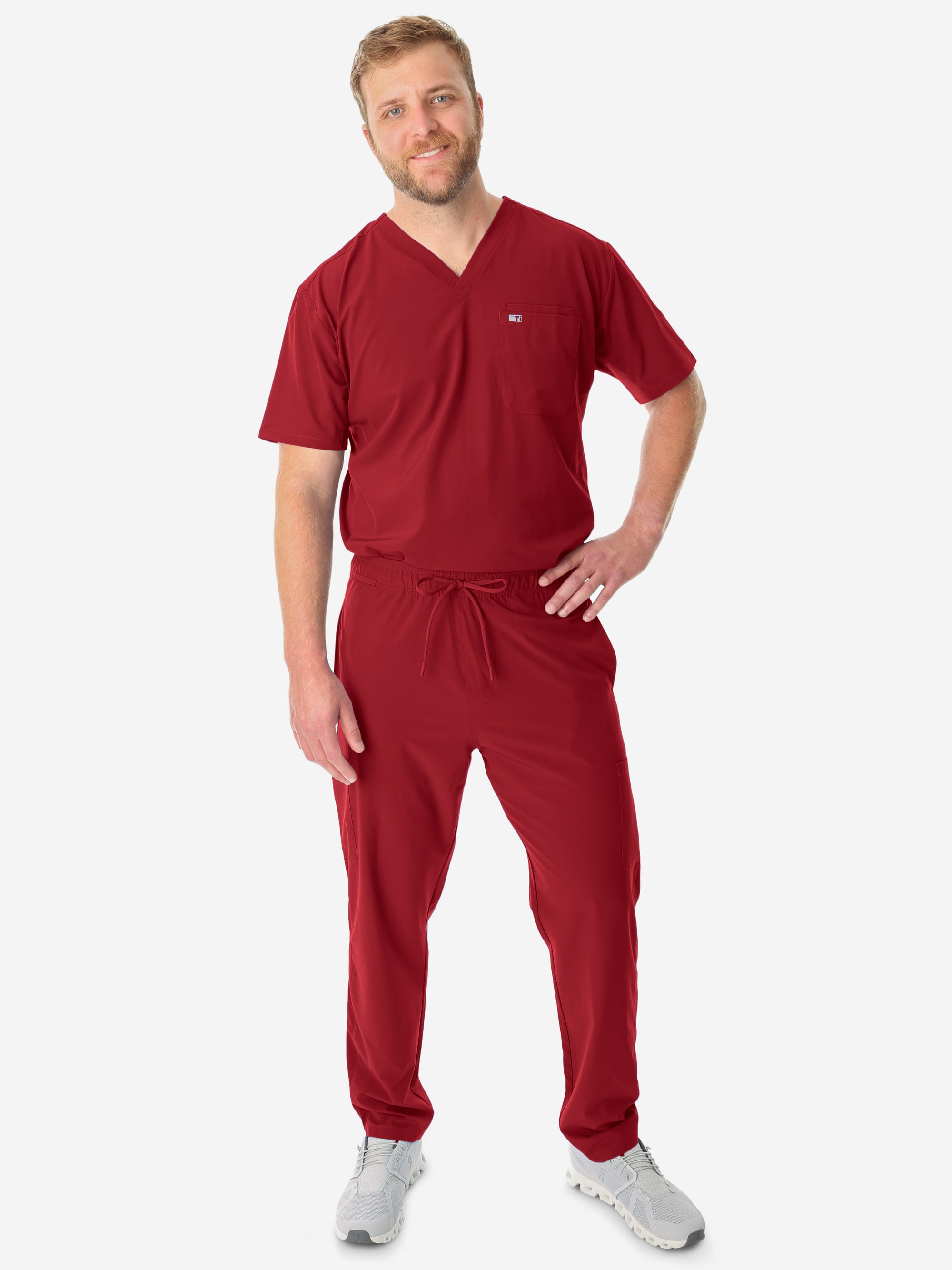TiScrubs Bold Burgundy Men's 9-Pocket Scrub Pants and Double Pocket Top Front Full Body