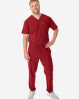 TiScrubs Bold Burgundy Men's 9-Pocket Scrub Pants and Double Pocket Top Front Full Body