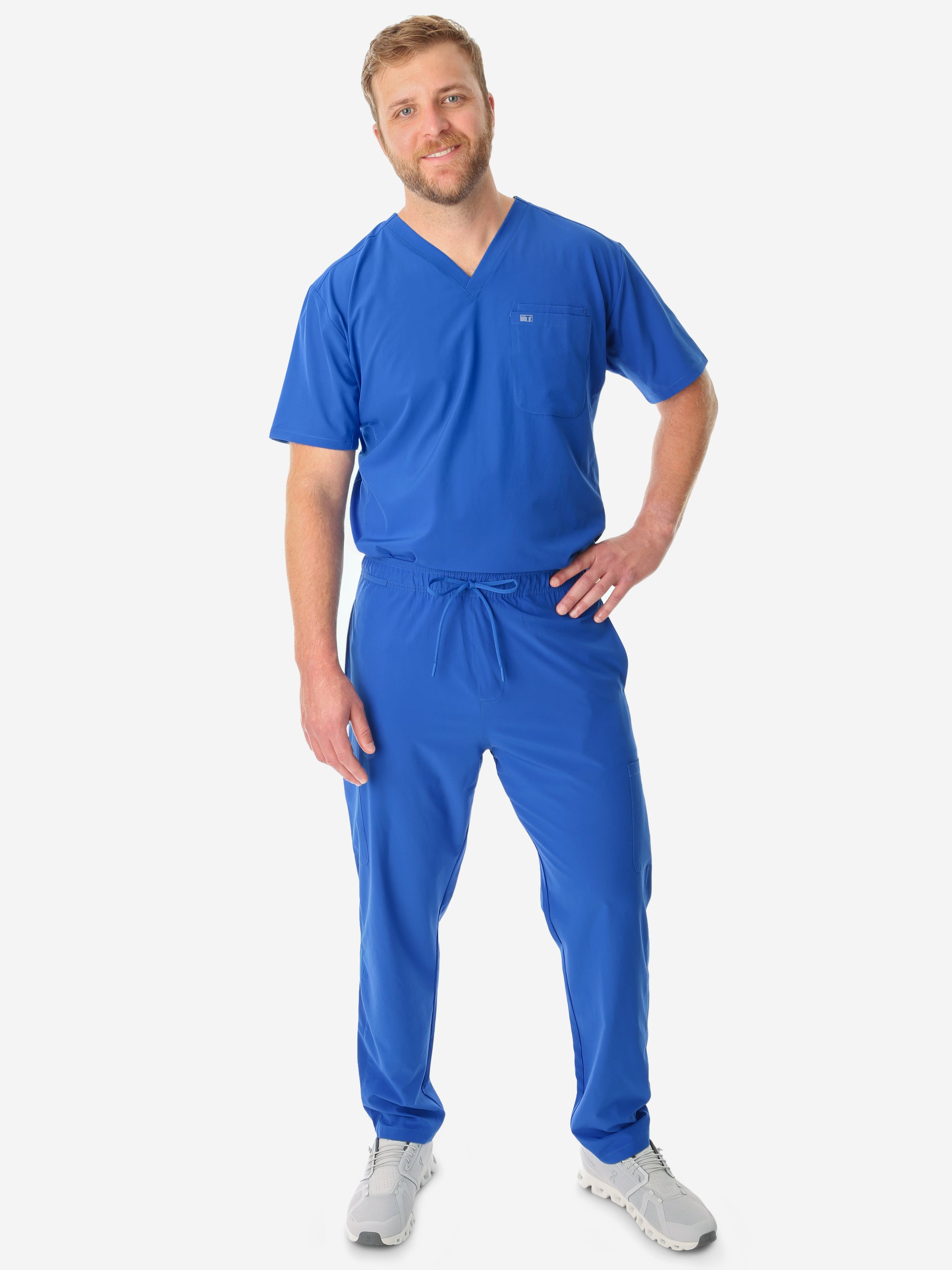 Men's Royal Blue 9-Pocket Scrub Pants with Double-Pocket Scrub Top Front View