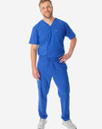 Men's Royal Blue 9-Pocket Scrub Pants with Double-Pocket Scrub Top Front View