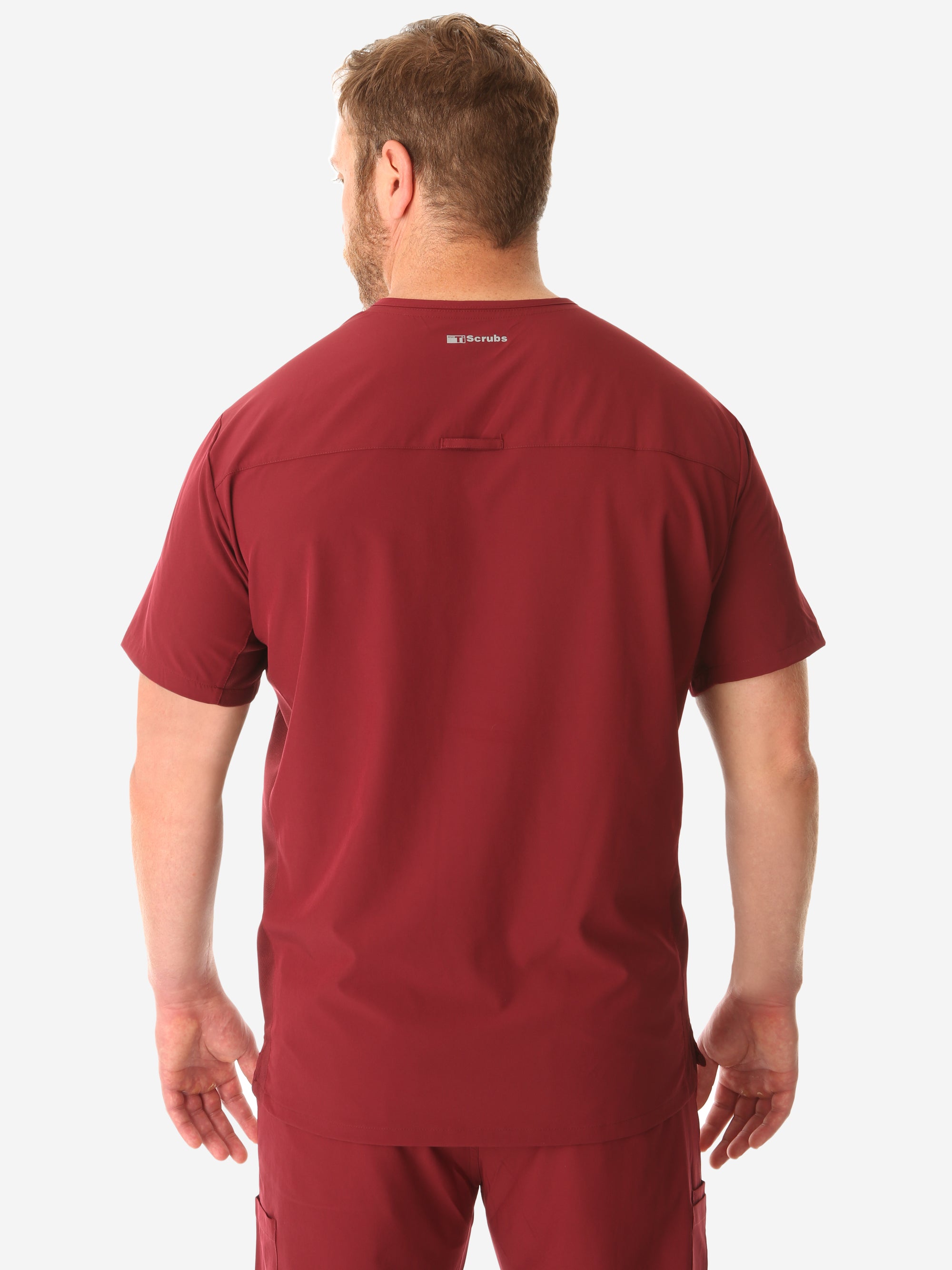 TiScrubs Men's Stretch Bold Burgundy Double-Pocket Scrub Top Only Back