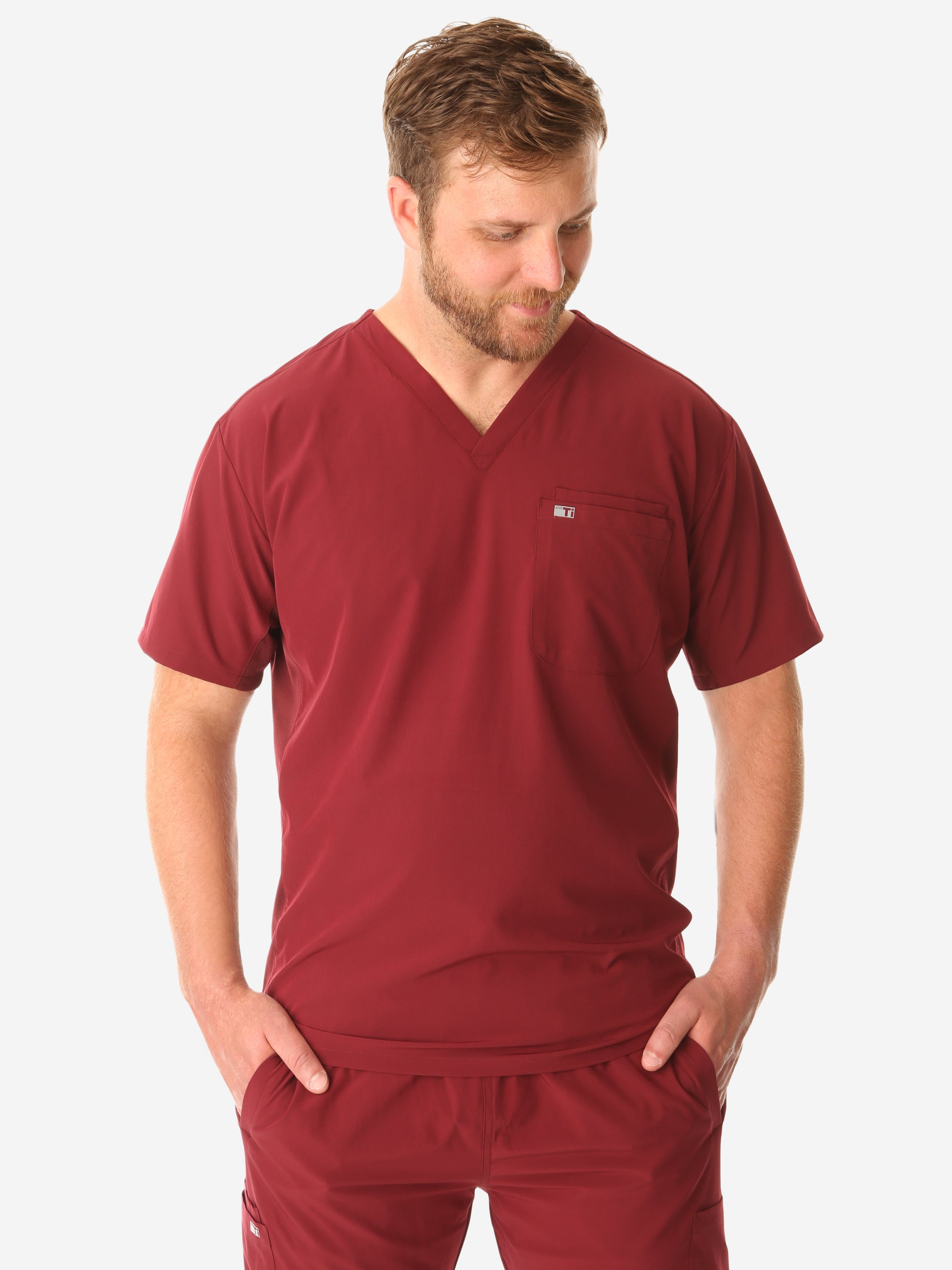 TiScrubs Men's Stretch Bold Burgundy Double-Pocket Scrub Top Only Front