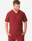 TiScrubs Men's Stretch Bold Burgundy Double-Pocket Scrub Top Only Front